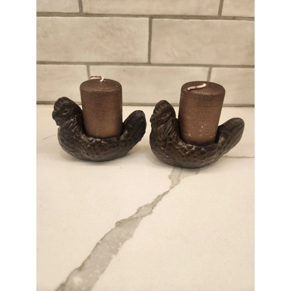 Set/2 Cast Iron Chicken‎ Hen Votive Or Tealight Candle Holders Farmhouse Rustic